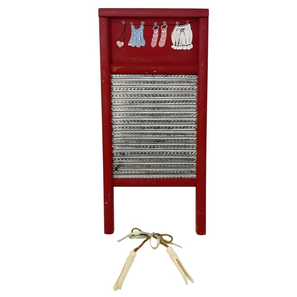Vintage Hand Painted Wooden Washboard w Clothespins Country Cottagecore 18" Red